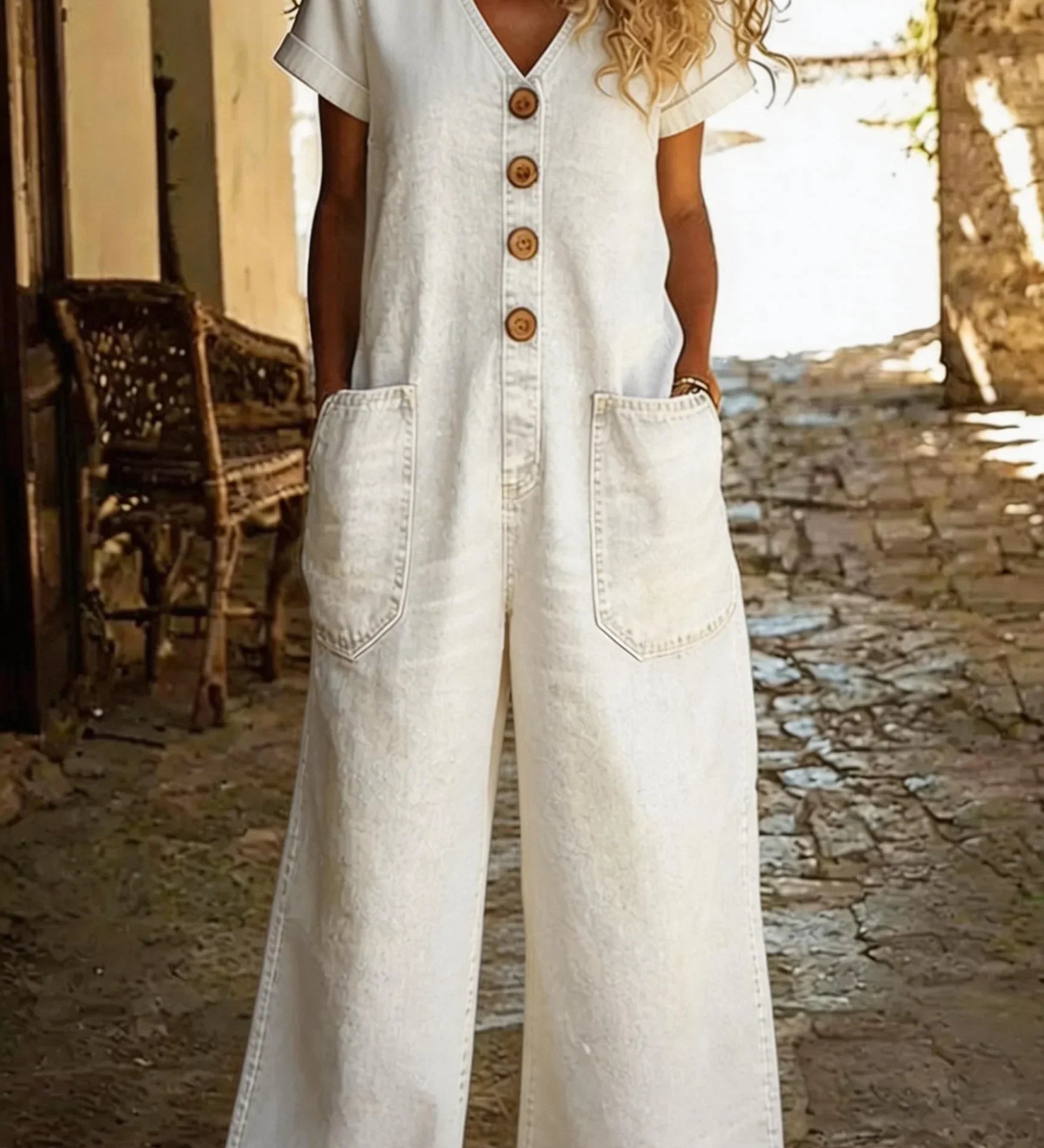 Denise | Denim jumpsuit V-kaelusega ja lühikeste varrukatega