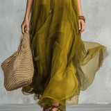 Olive roheline boheemlaslik maxi kleit drapeeritud siluetiga