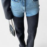 Mijie kõrge vöökoht ja sirge jalgadega teksad patchwork'iga