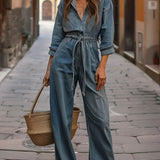 Nadia | Vööga denim overall ja pikad varrukad