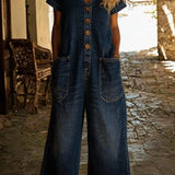 Denise | Denim jumpsuit V-kaelusega ja lühikeste varrukatega