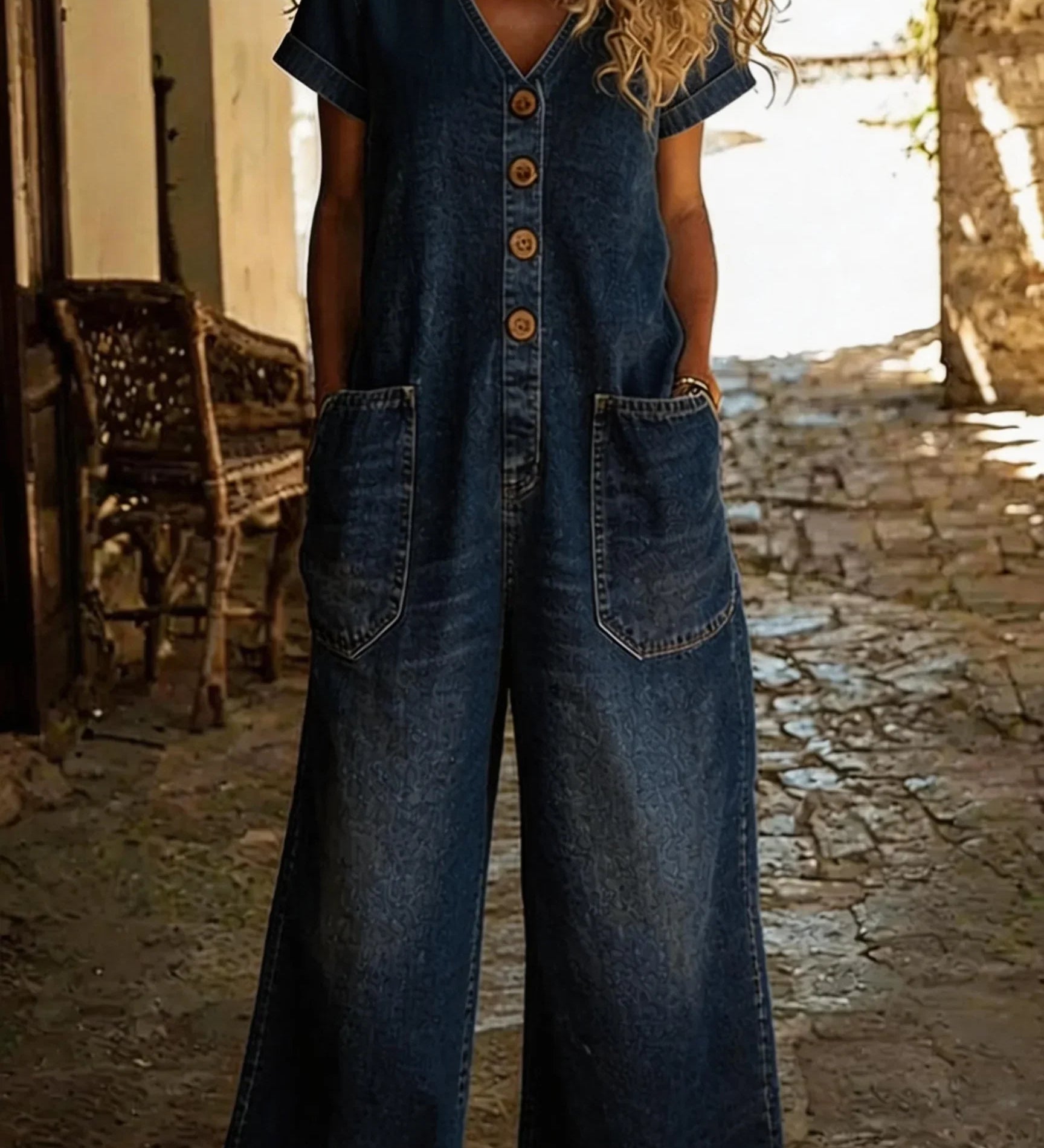 Denise | Denim jumpsuit V-kaelusega ja lühikeste varrukatega