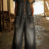 Denise | Denim jumpsuit V-kaelusega ja lühikeste varrukatega