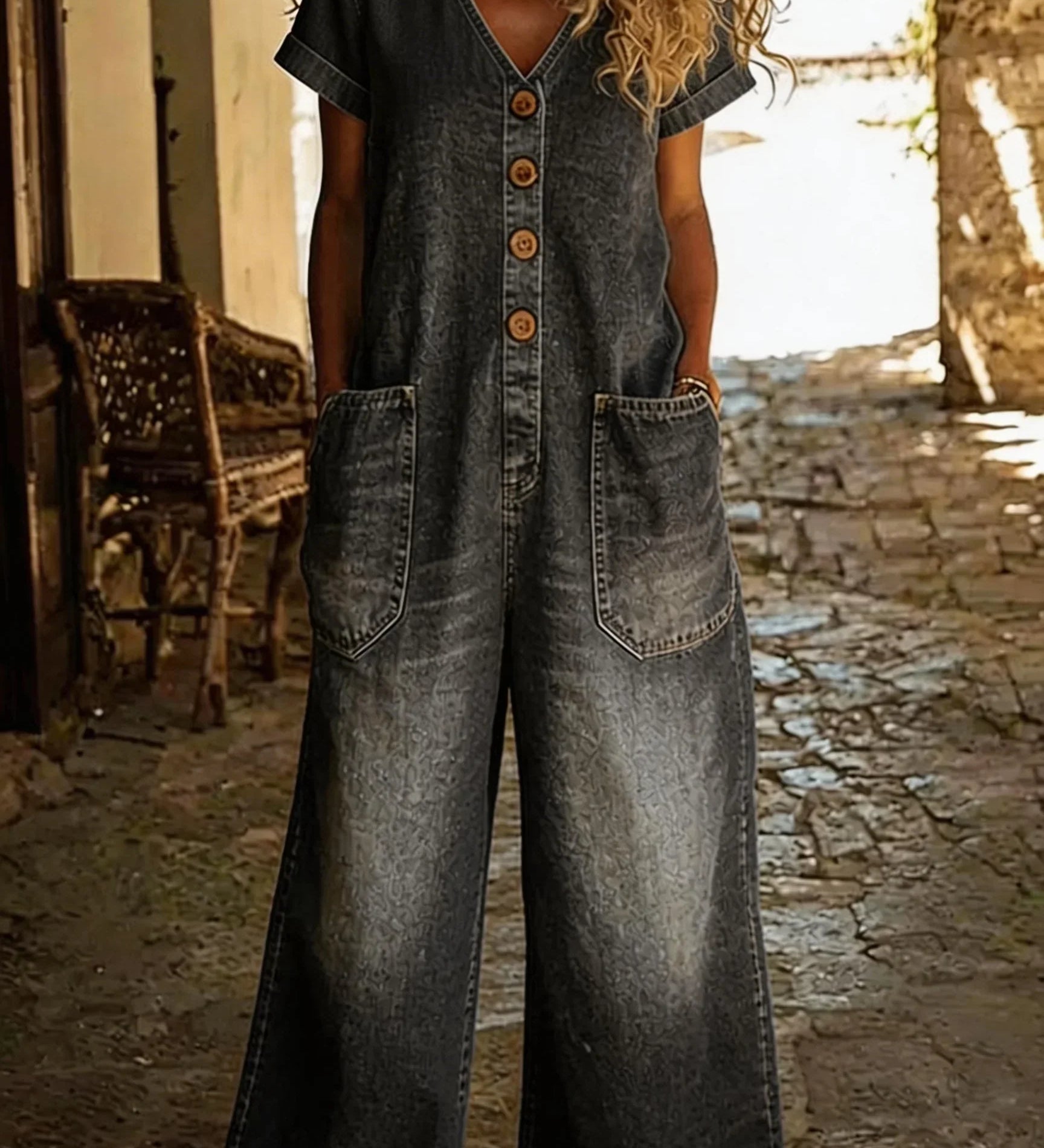 Denise | Denim jumpsuit V-kaelusega ja lühikeste varrukatega